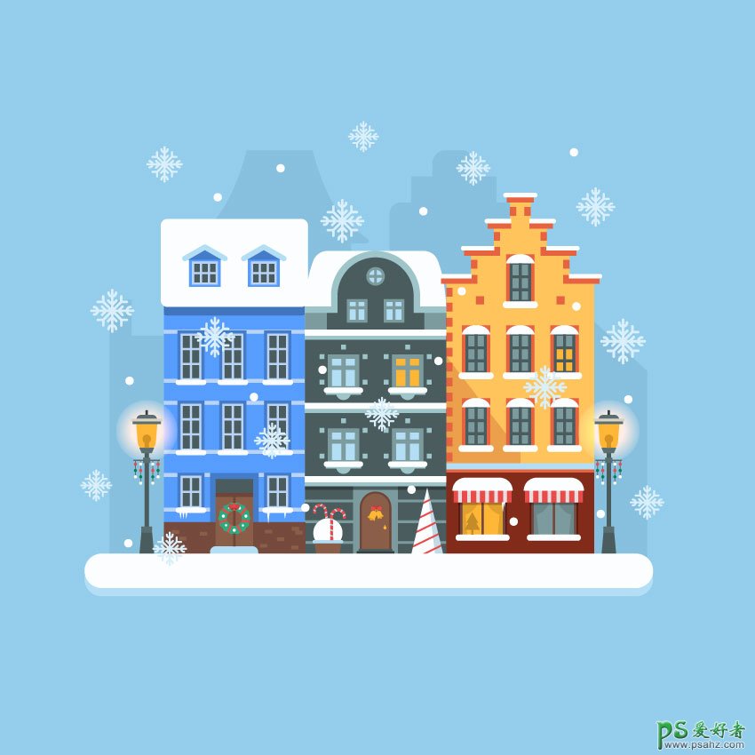 Illustrator手绘卡通建筑物插画图片，唯美的冬季建筑房屋插画。