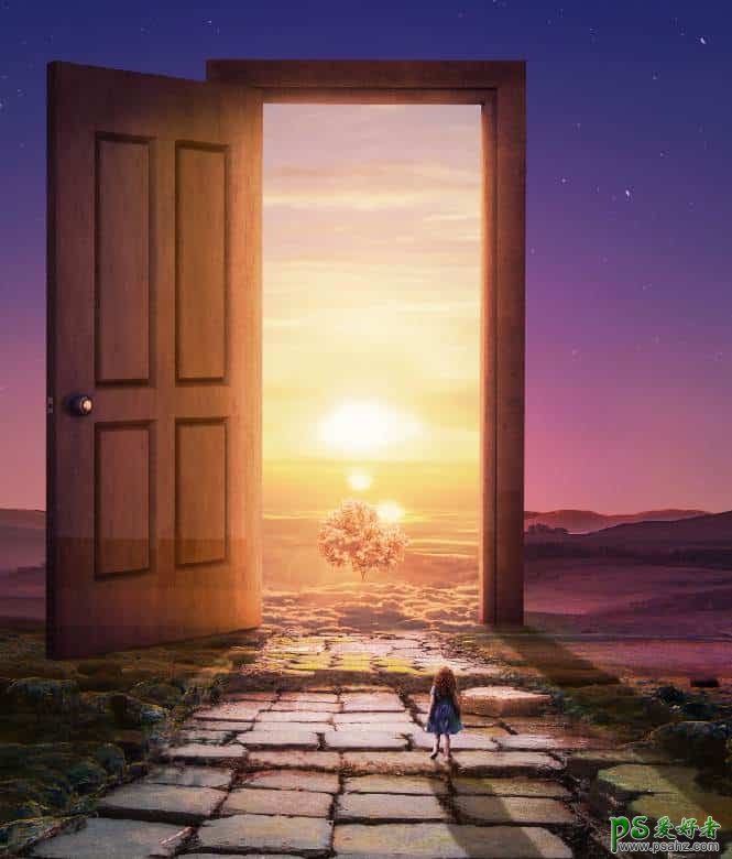 Photoshop创意合成小女孩儿走向通往神奇世界之门的梦幻场景。