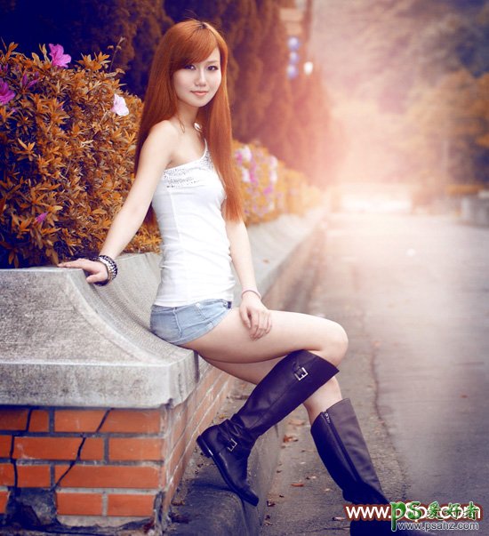 Photoshop给穿超短裤雪白美腿女孩儿照片调出唯美的黄昏色彩