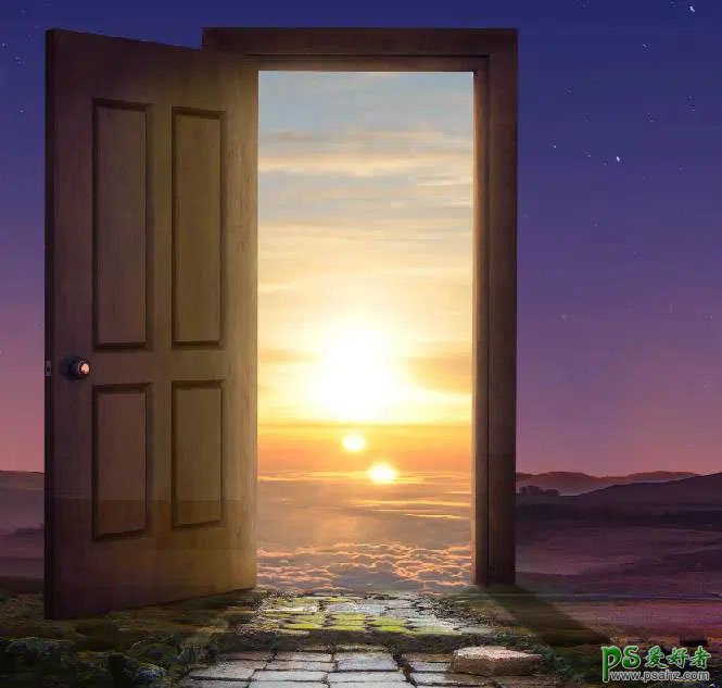 Photoshop创意合成小女孩儿走向通往神奇世界之门的梦幻场景。