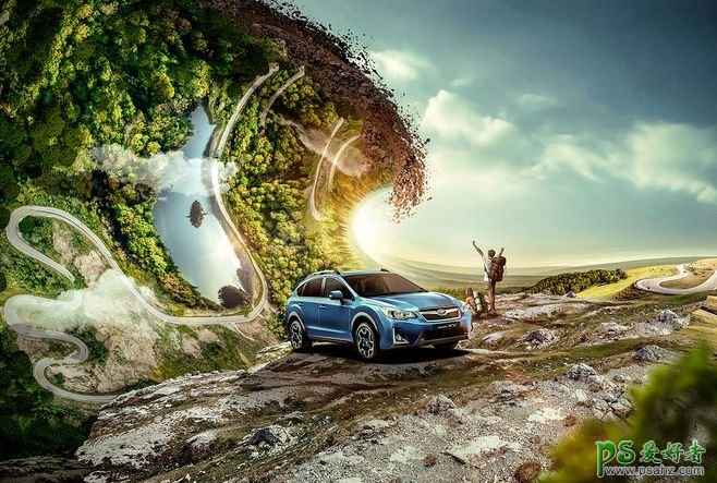 经典大气的高性能汽车宣传广告设计作品，畅游世界的汽车合成海报