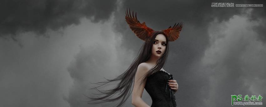 Photoshop合成哥特风格的漂亮女巫场景图，哥特有题乌鸦女巫场景