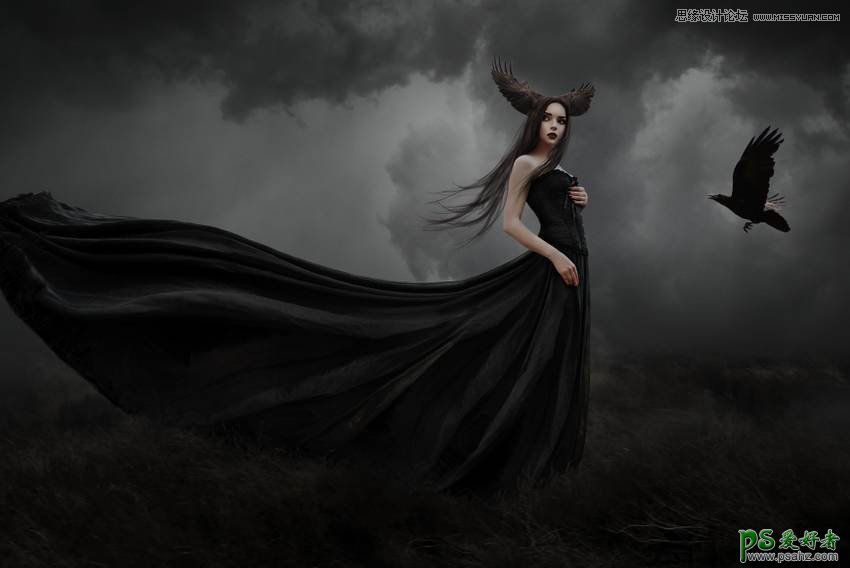Photoshop合成哥特风格的漂亮女巫场景图，哥特有题乌鸦女巫场景