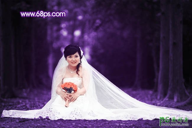 PS调色教程：给可爱小美女婚纱照调出紫色梦幻效果