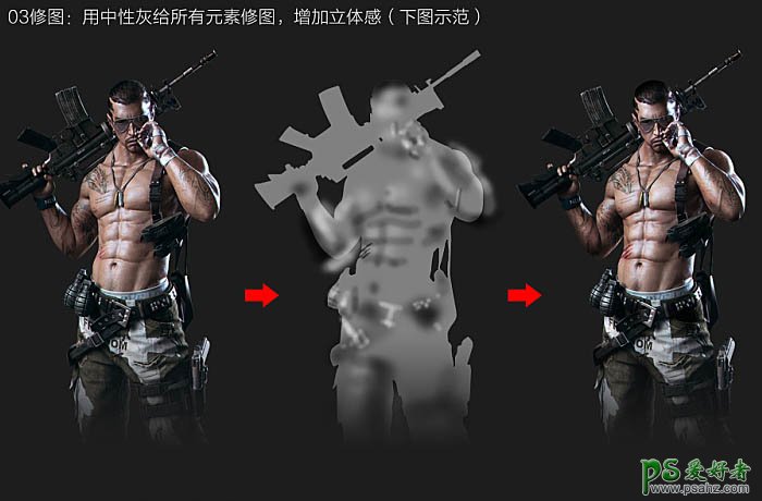Ps合成教程：学习用肌肉男人像照片创意合成出现代战争电影海报