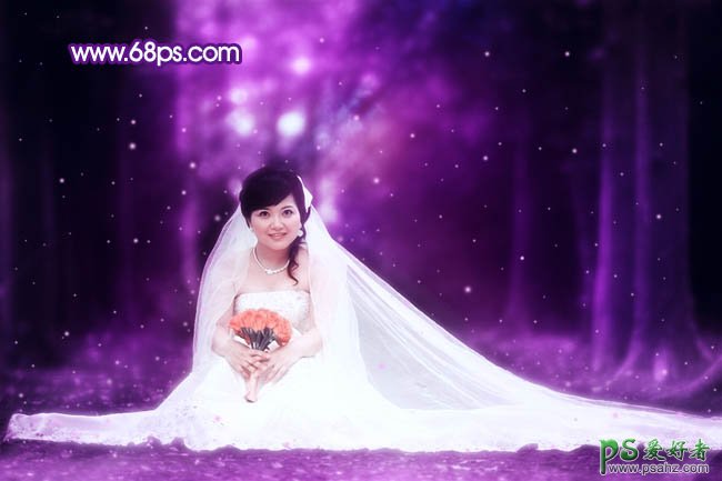 PS调色教程：给可爱小美女婚纱照调出紫色梦幻效果
