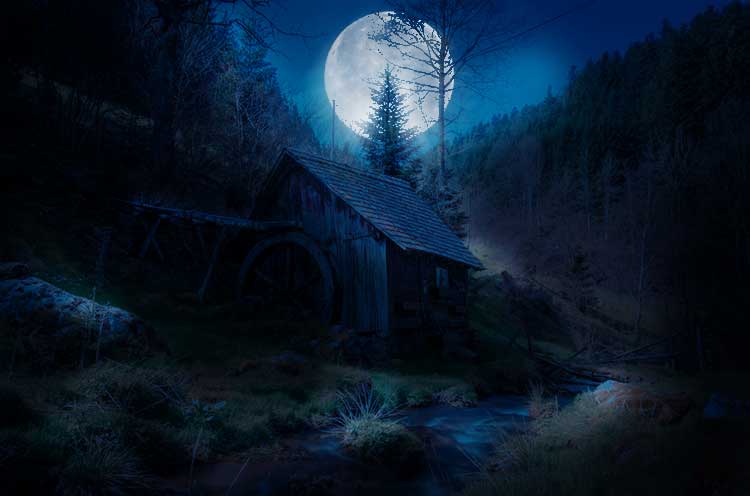 PS调色教程：给森林木屋风景照调出神秘的夜景效果。