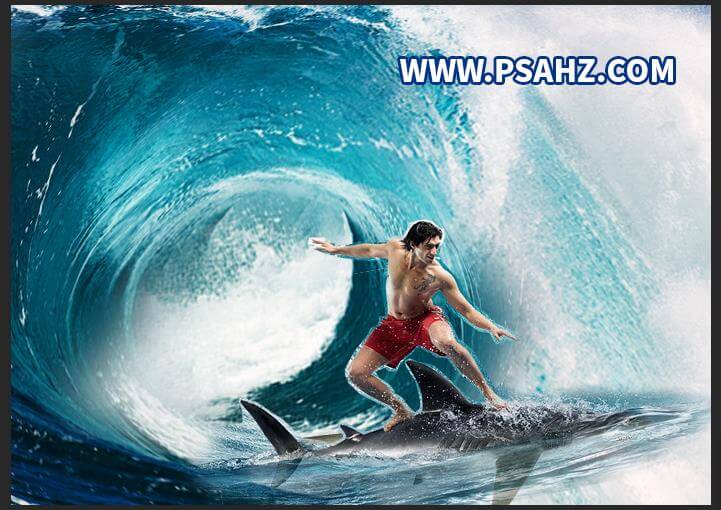 PS场景合成实例：创意打造帅气的欧洲男子在海洋中冲浪的场景。