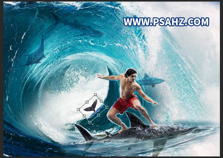 PS场景合成实例：创意打造帅气的欧洲男子在海洋中冲浪的场景。