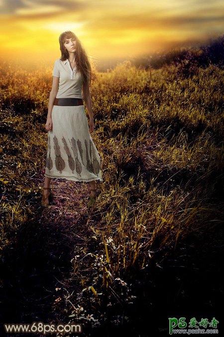 Photoshop草场上自拍的欧美公主小妹个人写真照调出蛋黄色晨曦效