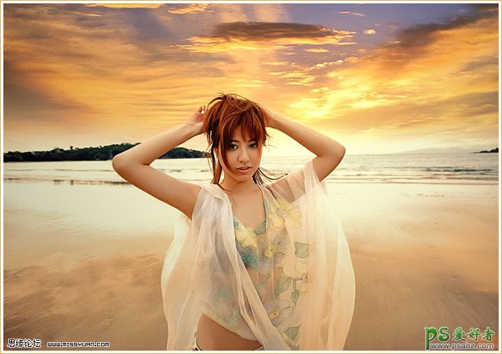Photoshop给海边自拍的泛白美女性感照片制作出黄色的霞光色