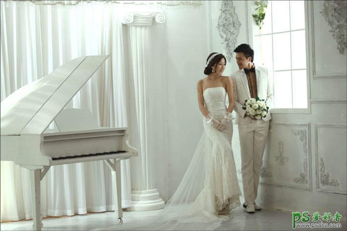 PS婚纱照后期调色教程：给室内拍摄的唯美婚片调出温馨的韩系暖色