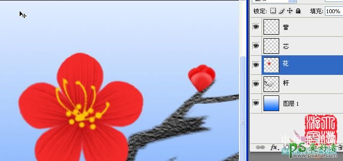 PS鼠绘教程：绘制一棵漂亮的梅花树失量图片素材，梅花看上去很艳