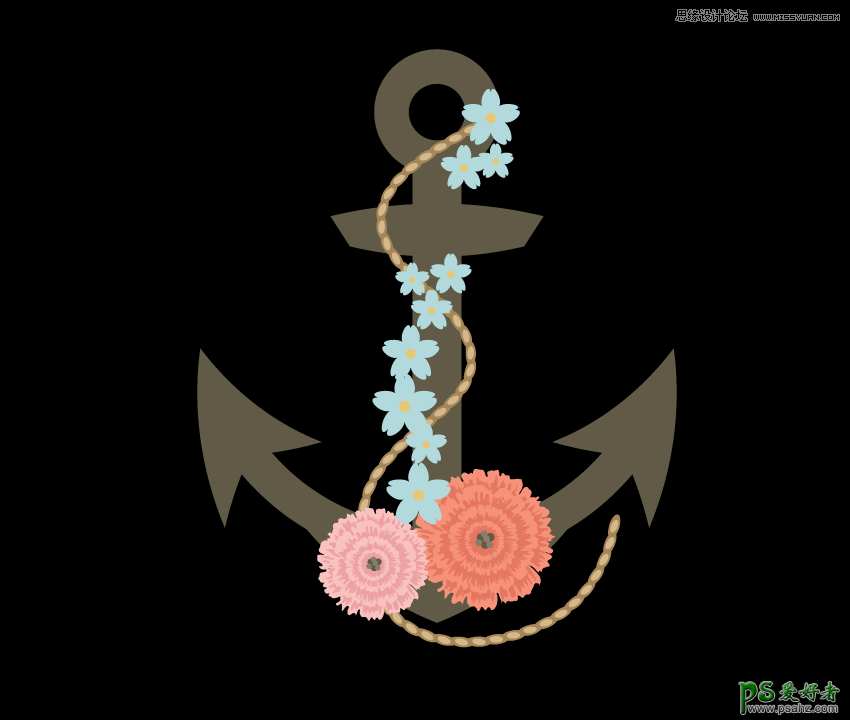 AI绘制以花朵为原型的时尚船锚插画，鲜花装饰的船锚图标。