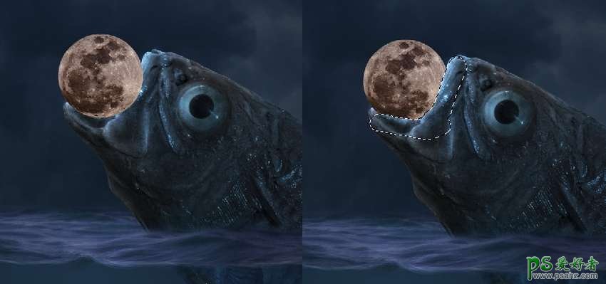 PS经典合成实例：创意合成一个吞噬月亮的鱼怪，大鱼吞噬月亮