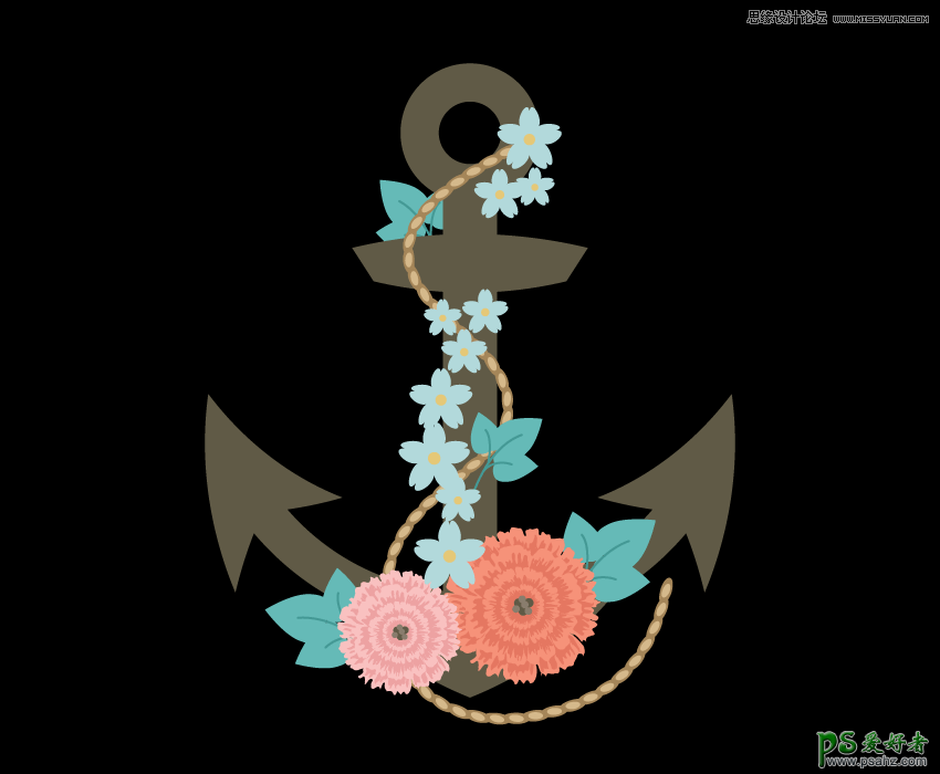 AI绘制以花朵为原型的时尚船锚插画，鲜花装饰的船锚图标。