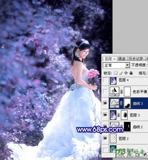 photoshop调出蓝紫色外景MM婚纱照