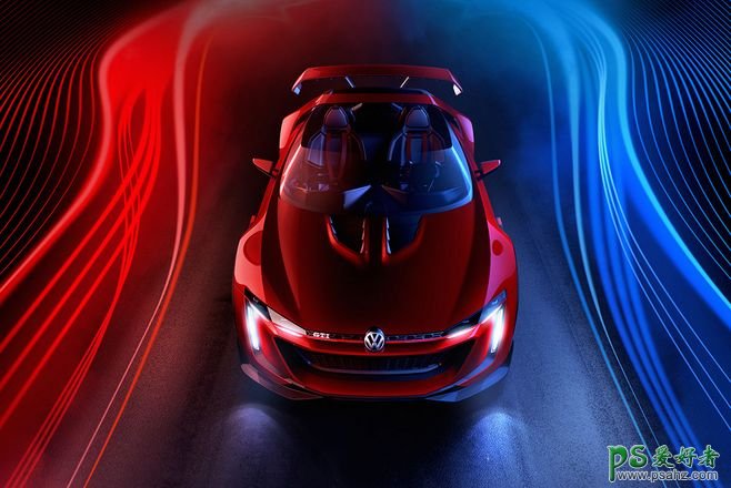 光芒耀眼的大众跑车创意平面广告设计，流体光束效果汽车海报。