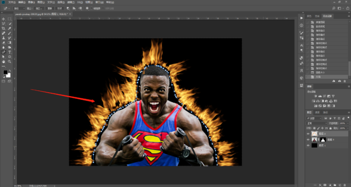 Photoshop给一张肌肉男人像照片制作成力量爆棚的火焰效果。