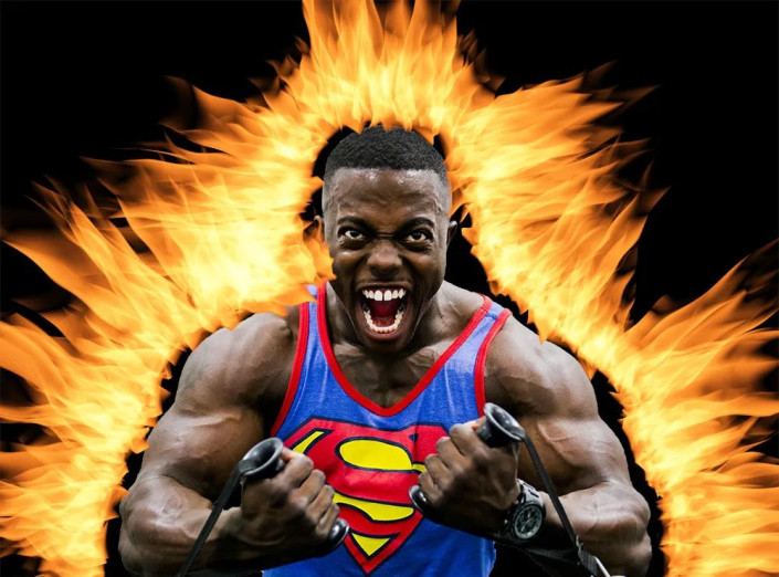 Photoshop给一张肌肉男人像照片制作成力量爆棚的火焰效果。