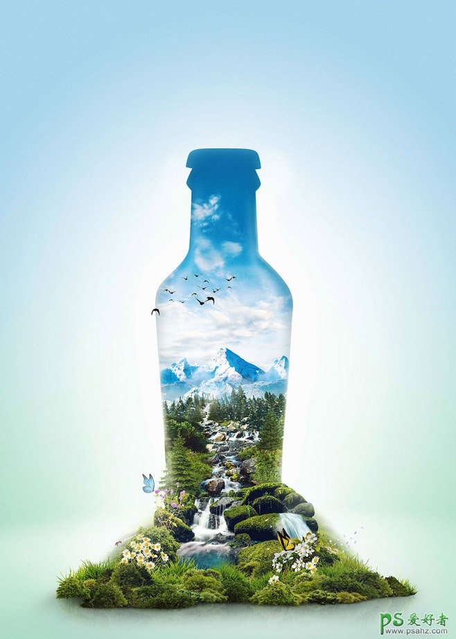 原生态健康饮料广告设计作品，创意原生态场景与饮料完美结合。