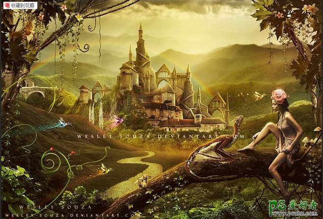 唯美科幻风格的童话世界合成设计作品，梦幻效果的童话世界插画。