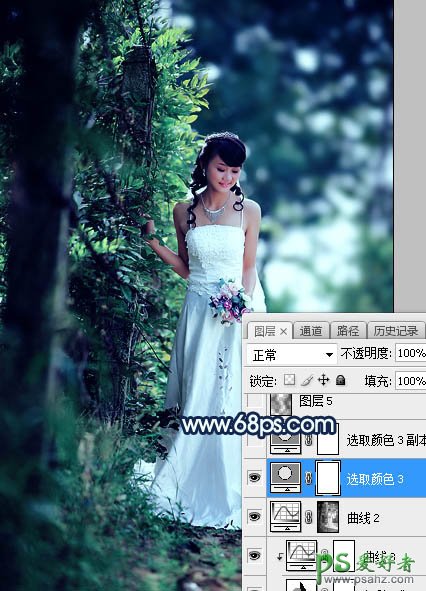 Photoshop婚片调色：给树林中私拍漂亮女女婚纱照调出唯美的青蓝