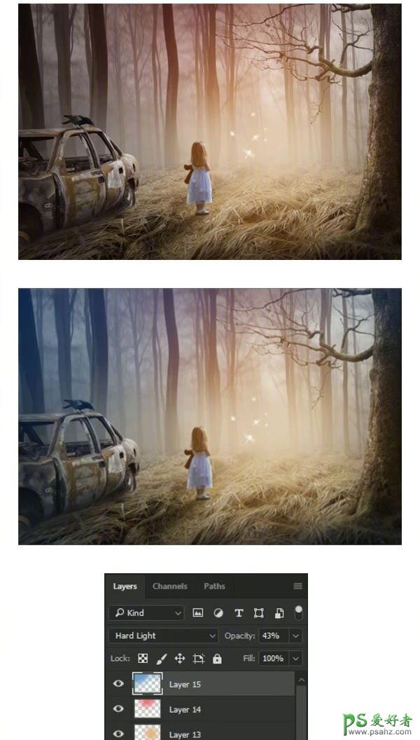 PS奇纪场景合成教程：打造魔幻森林里好奇的小女孩儿行走的场景。