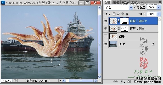 photoshop合成史前大章鱼袭击轮船的电影场景特效