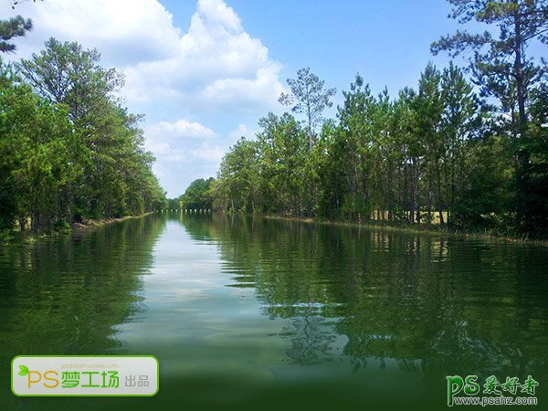PS照片美化：利用滤镜工具给翠绿的树林风景照片制作出水波倒影效
