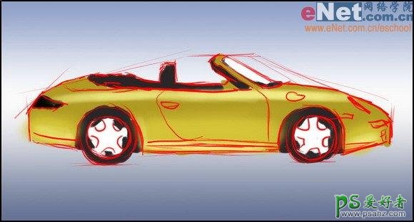 PS鼠绘教程：手绘经典的黄色保时捷跑车素材图片教程