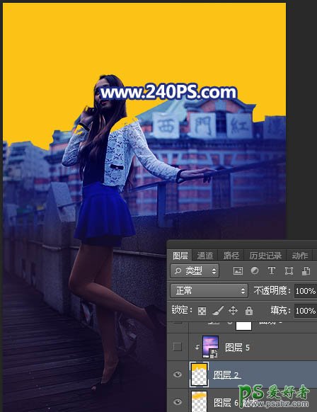 Photoshop给长腿美女模特外景照片调出蓝紫色霞光色彩。