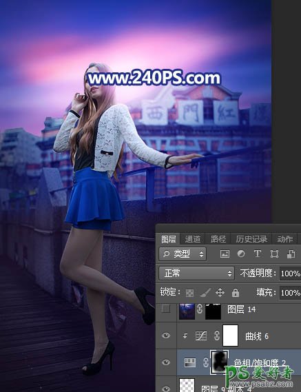 Photoshop给长腿美女模特外景照片调出蓝紫色霞光色彩。