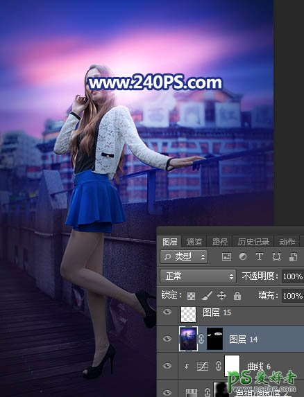 Photoshop给长腿美女模特外景照片调出蓝紫色霞光色彩。