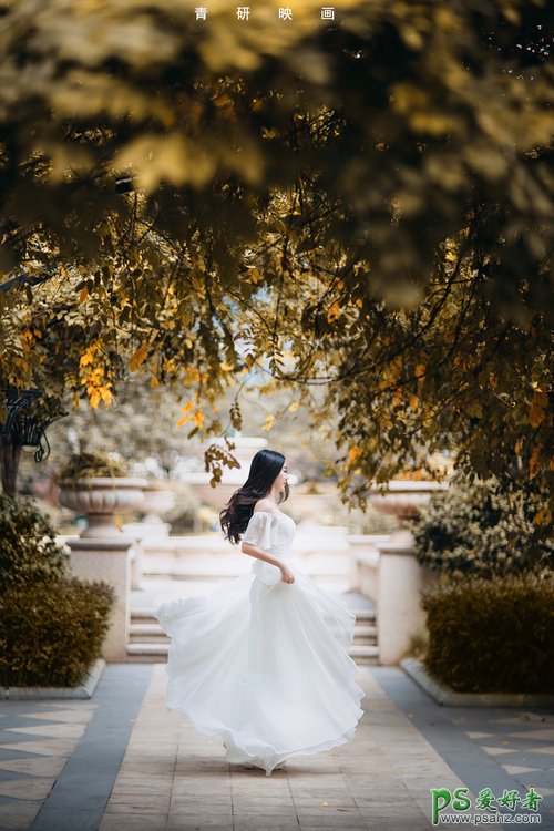 唯美新娘深秋外拍摄影写真，漂亮新娘唯美暖黄色摄影图片。