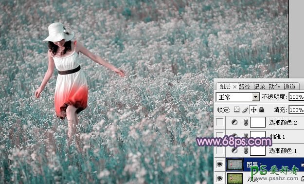 photoshop给草原上的风情少女调出梦幻的蓝红色