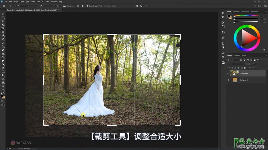 利用PS后期美化及溶图技术打造唯美森林中的婚片少女写真。