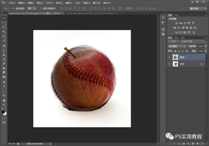 PS把苹果和棒球照片快速合成到一起,形成缝缝补补的苹果效果。