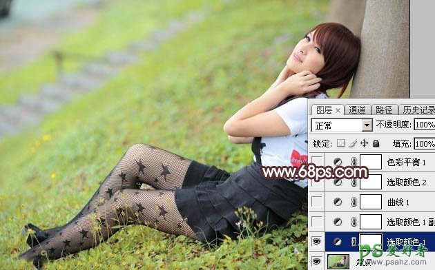 Photoshop给黑丝网袜mm户外写真图片调出大气的韩系淡调黄褐色