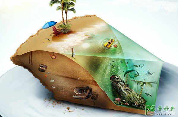 漂亮的海景小岛合成海报作品，创意小岛素材合成设计作品。