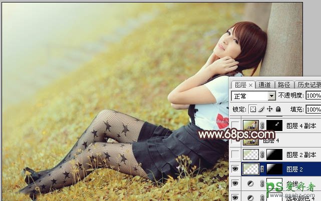 Photoshop给黑丝网袜mm户外写真图片调出大气的韩系淡调黄褐色