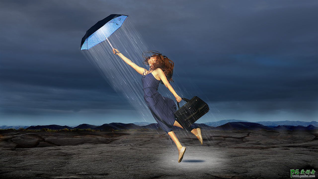 PS合成教程：创意打造雨中升天的少女，从雨伞中下雨的特效场景。