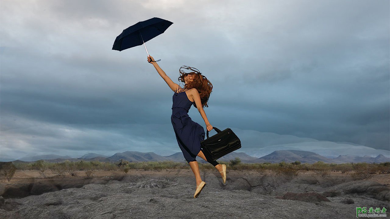 PS合成教程：创意打造雨中升天的少女，从雨伞中下雨的特效场景。