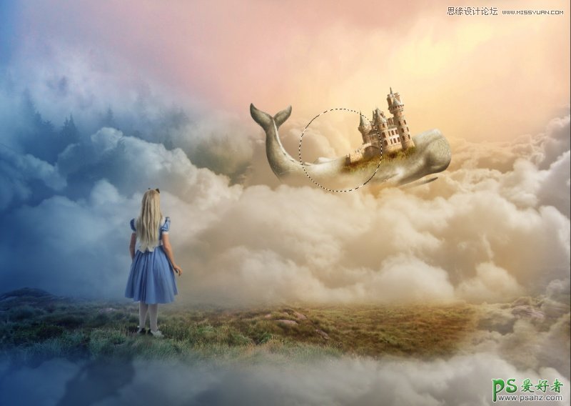 PS合成教程：创意打造在云端中骑着鲸鱼飞行的梦幻城堡场景图片