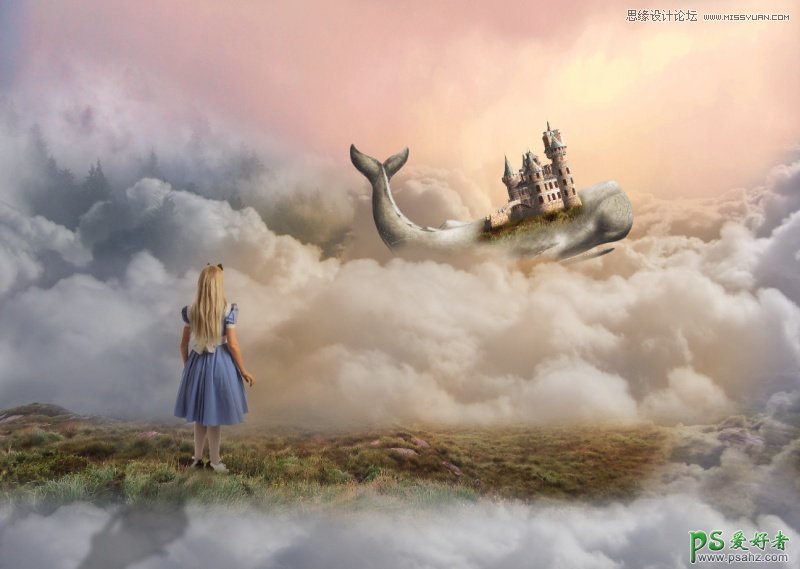 PS合成教程：创意打造在云端中骑着鲸鱼飞行的梦幻城堡场景图片