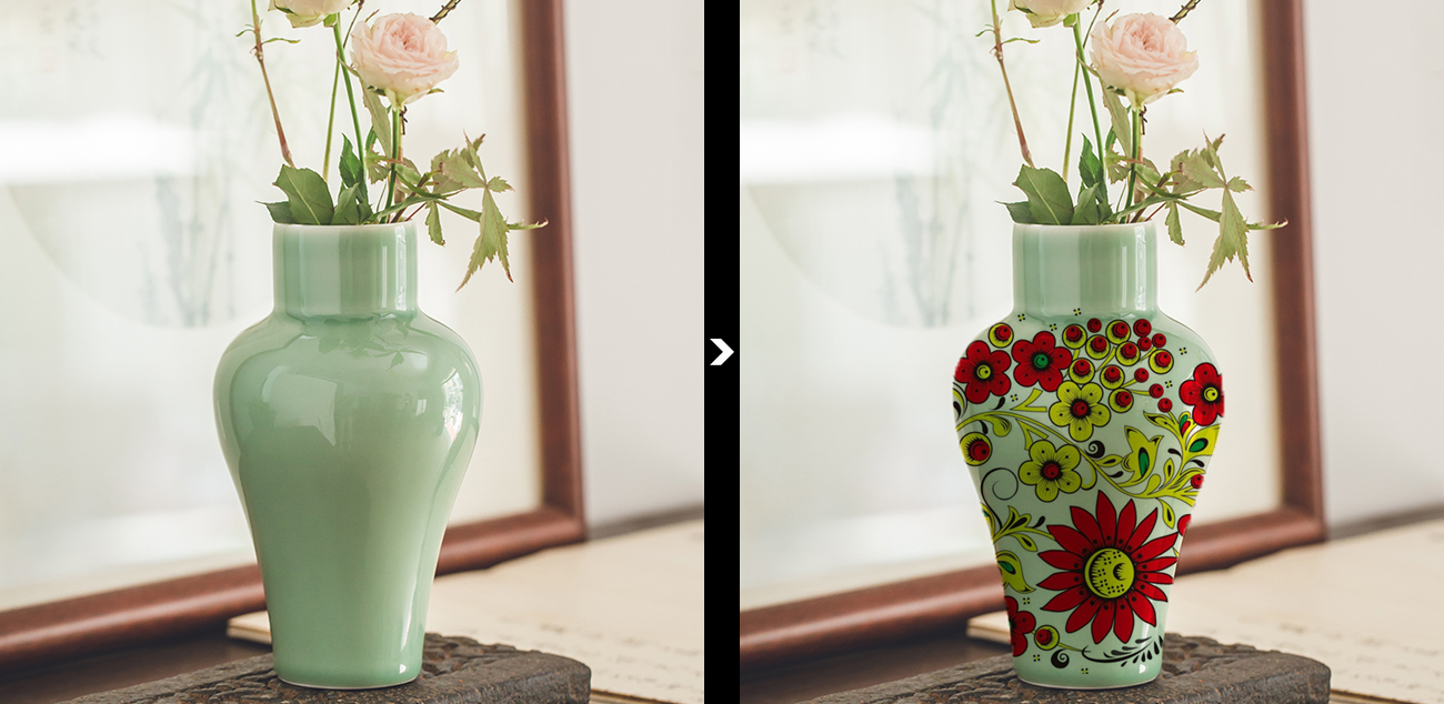 PS如何给产品图片添加图案？给花瓶图片贴上漂亮的花纹图案。
