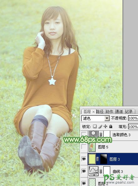 Photoshop给绿草地上的美腿诱惑少女调出温暖如春的阳光色