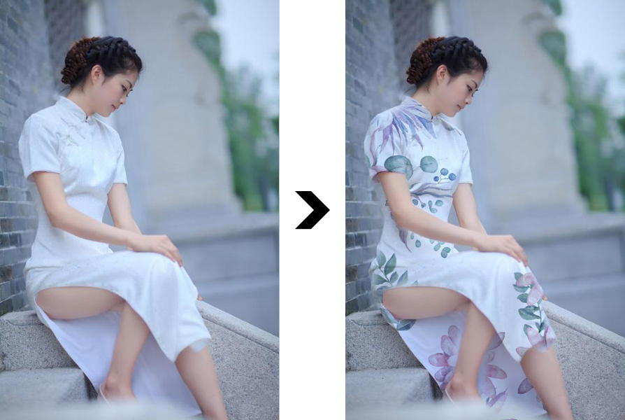PS照片美化教程：学习给美女旗袍添加花纹效果,给衣物增添花纹。