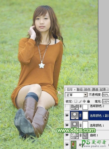 Photoshop给绿草地上的美腿诱惑少女调出温暖如春的阳光色