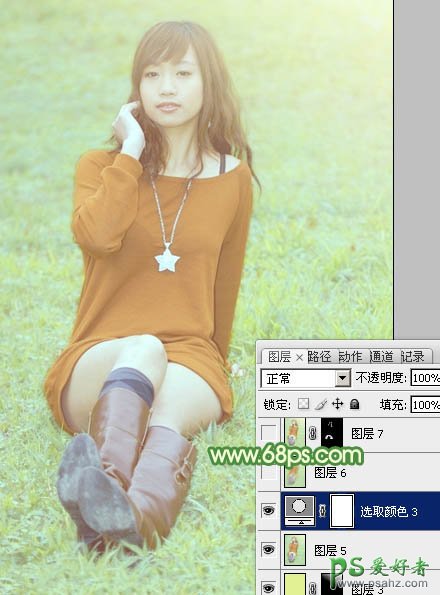 Photoshop给绿草地上的美腿诱惑少女调出温暖如春的阳光色